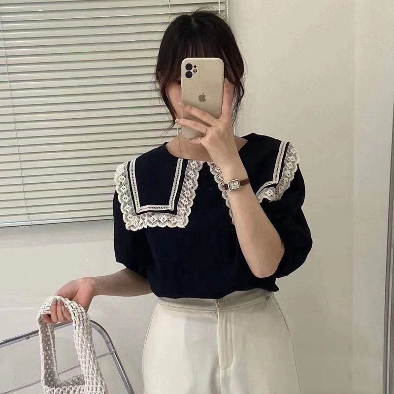 Áo Thun Dáng Rộng Cổ Búp Bê Phối Ren Thiết Kế Mới Thời Trang Mùa Hè Dành Cho Nữ