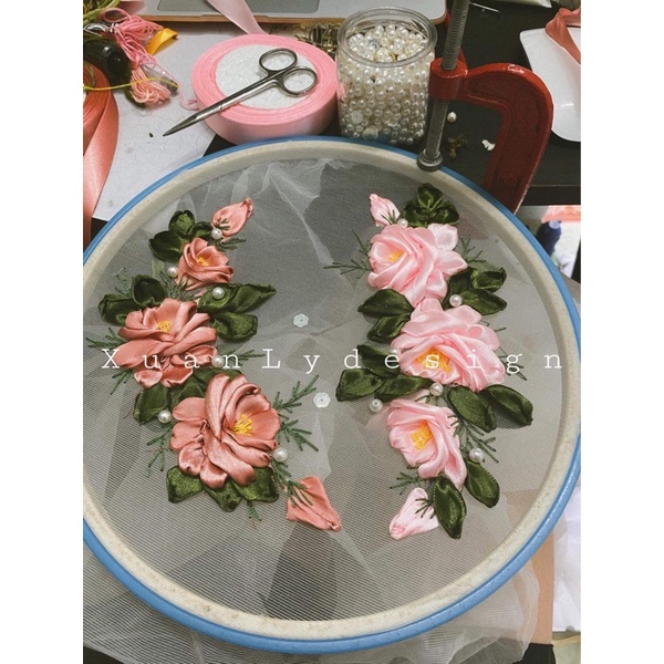 Hoa thêu ruy băng đính kết áo dài, đầm váy...