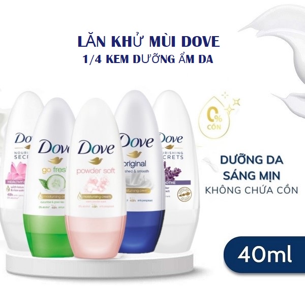 Lăn Khử Mùi Dove 40ml Ngăn Mùi 48H Dưỡng Da Sáng Mịn Với 1/4  Kem Dưỡng Ẩm Dove Deodorant 40ml