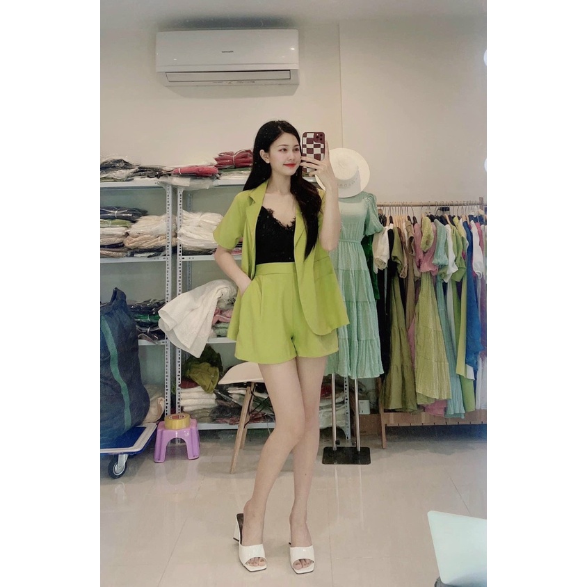 Set Vest Hè TẶNG KÈM ÁO 2 DÂY Có Độn Vai Vải Loại Cao Cấp  Blazer Cộc Tay Quần Short Nữ Đen/Xanh Cốm