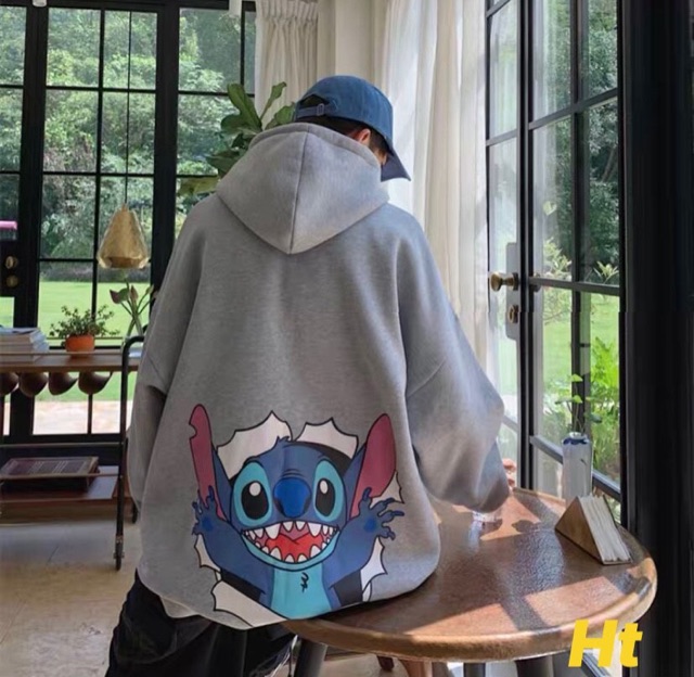 Áo hoodie nỉ mũ in Stitch chó tài thỏ xanh