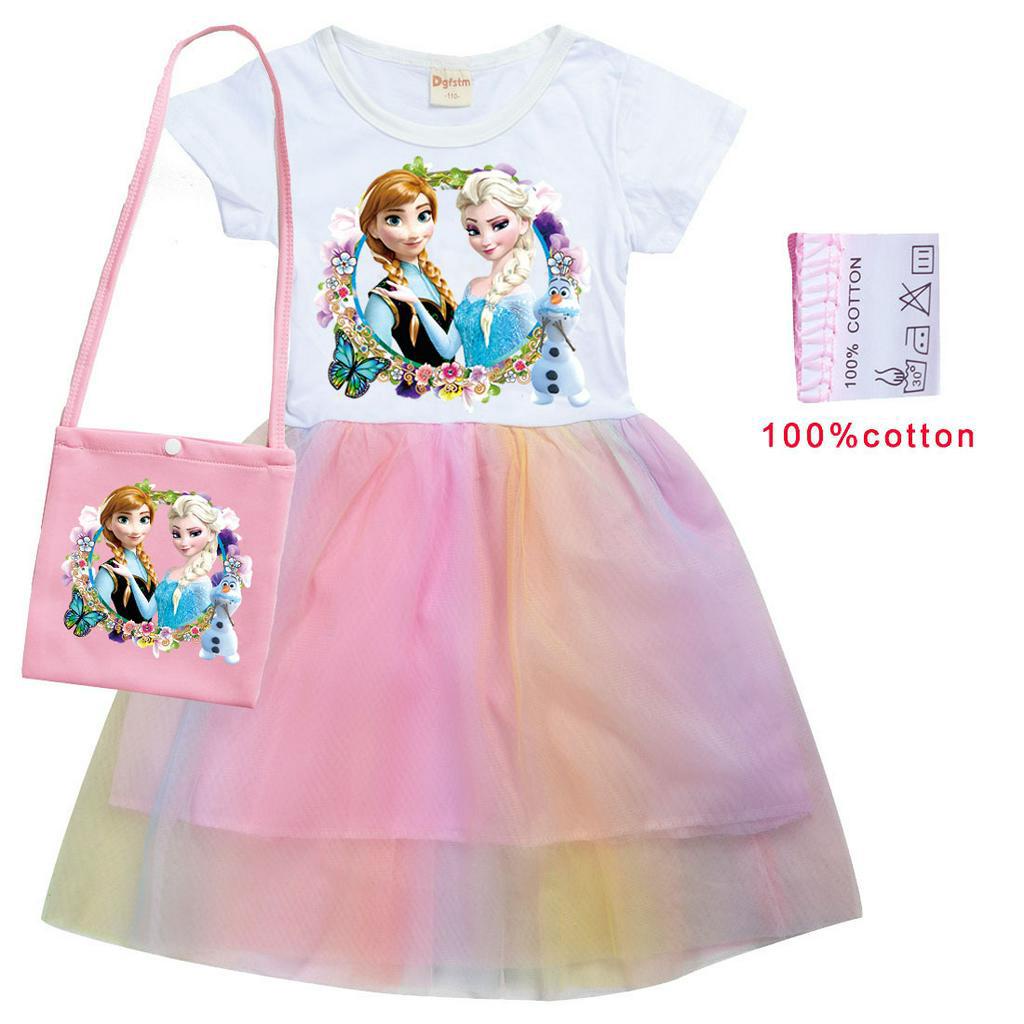 Đầm Công Chúa Elsa Anna Hoạt Hình Frozen + Túi Áo Tay Ngắn Cổ Tròn Cho Bé Gái Từ 2-10 Tuổi