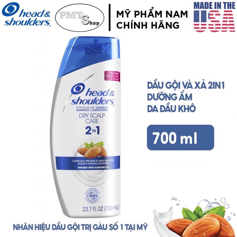 [USA] Dầu gội xả Head &amp; Shoulders 2in1 Dry Scalp Care 700ml hạnh nhân sạch gàu - Mỹ