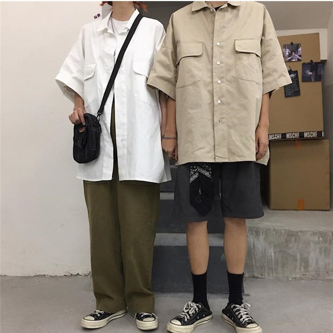 Áo Sơ Mi Dáng Rộng Phối Túi Lớn Màu Trơn Thời Trang Harajuku Cá Tính Cho Nam Và Nữ