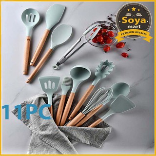 Bộ Dụng Cụ Nấu ăn Làm Bếp Làm Bánh 11 Món Bằng Silicone Chống Dính Chịu Nhiệt Tay Cầm Gỗ