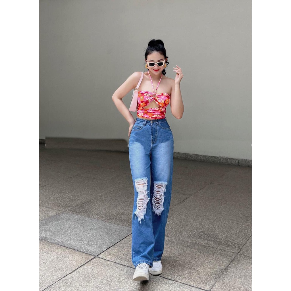 QUẦN JEANS ỐNG RỘNG NỮ LƯNG CAO RÁCH 2 CÀO CHỮ NHẬT ĐÙI MÀU XANH ĐẬM PHỐI PHUN THỜI TRANG LAI CUỐN DÀY DẶN PHÁ CÁCH HADI