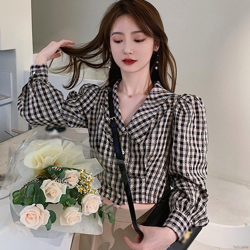 Áo Sơ Mi Ca Rô Ngắn Tay Cổ Búp Bê Xinh Xắn Dễ Thương Dành Cho Nữ