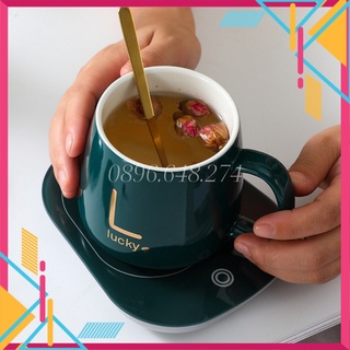 Cốc hâm nóng cà phê kèm đế điện giữ nhiệt đồ uống lucky cao cấp trưng yến pha trà tặng thìa mạ vàng 9