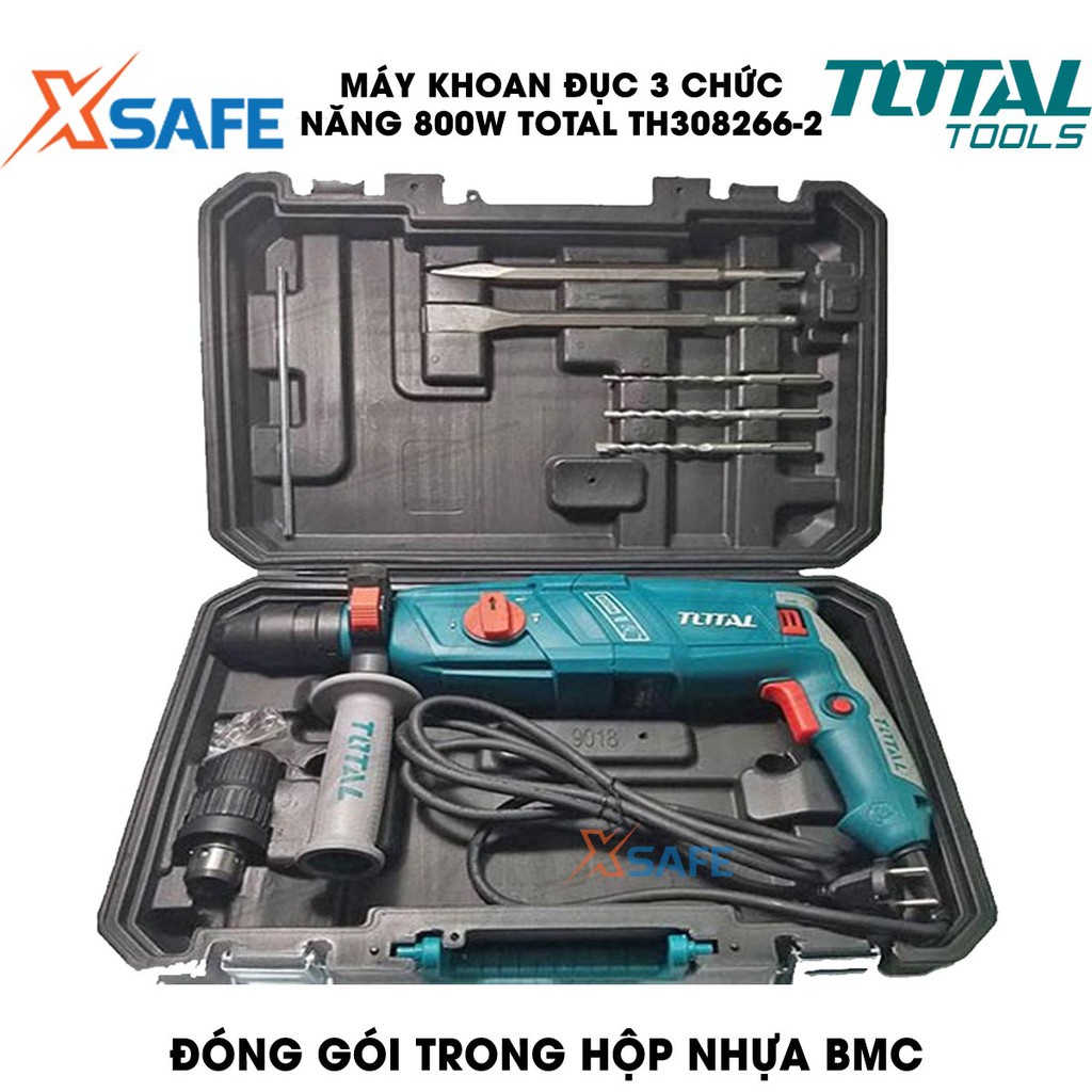 Máy khoan đục 3 chức năng 800W TOTAL TH308268-2 Kèm 3 mũi khoan gài 2 mũi khoan đục Máy khoan đục cầm tay chính hãng