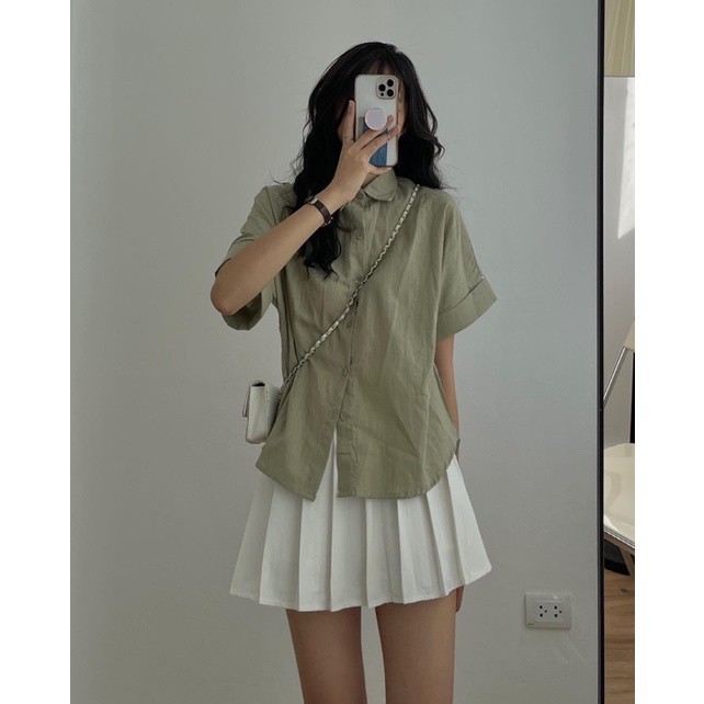 Áo sơ mi nữ cộc tay  cách điệu khuy sau, áo sơ mi nữ chất thô xước 3 màu  trắng , be , cốm | BigBuy360 - bigbuy360.vn