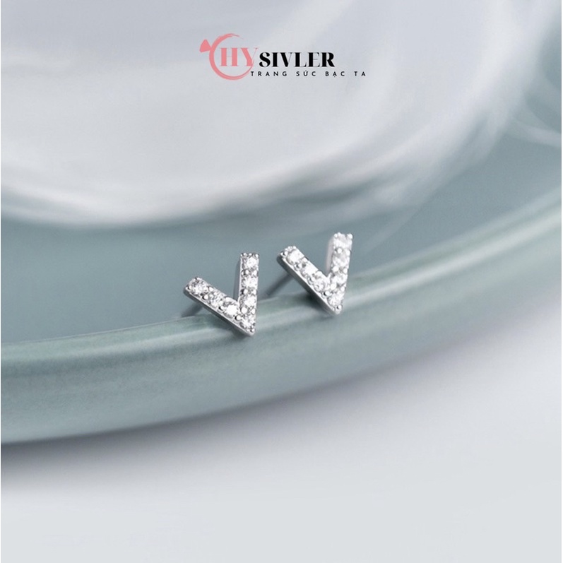 Bông tai bạc ta chữ V đính đá nhỏ xinh nữ tính bông tai nữ bạc thật giá rẻ