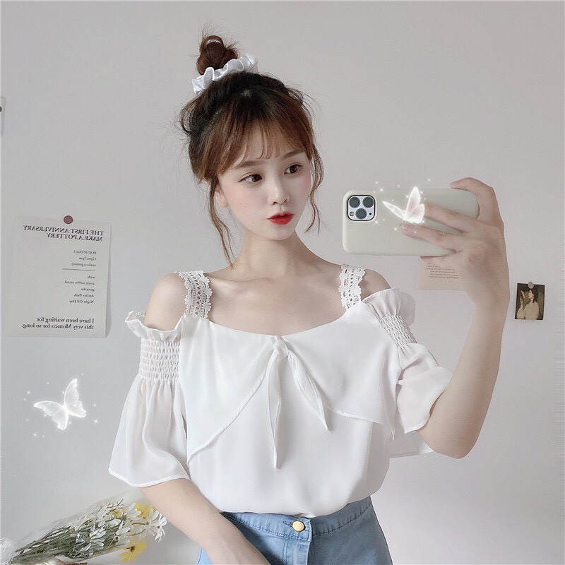 Áo Kiểu Trễ Vai Dây Ren Hot Trend Đính Nơ Ngực Dễ Thương TTSA0684