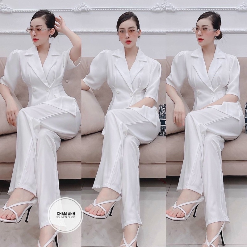 bộ VEST TRẮNG QUẦN SUÔNG+ áo cổ vest ngắn tay peplum nhẹ 040322