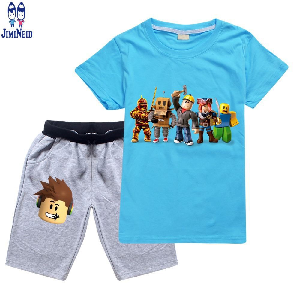 【JD】Spot  hot new big Boys Girl Clothes Sets Summer Roblox Short-sleeved cotton T-shirt + shorts 2-piece set