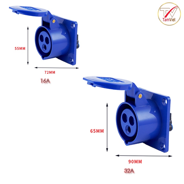Ổ cắm công nghiệp cố định Tâm Việt, ổ cắm điện 16A 1 pha 3 chấu 220V gắn âm