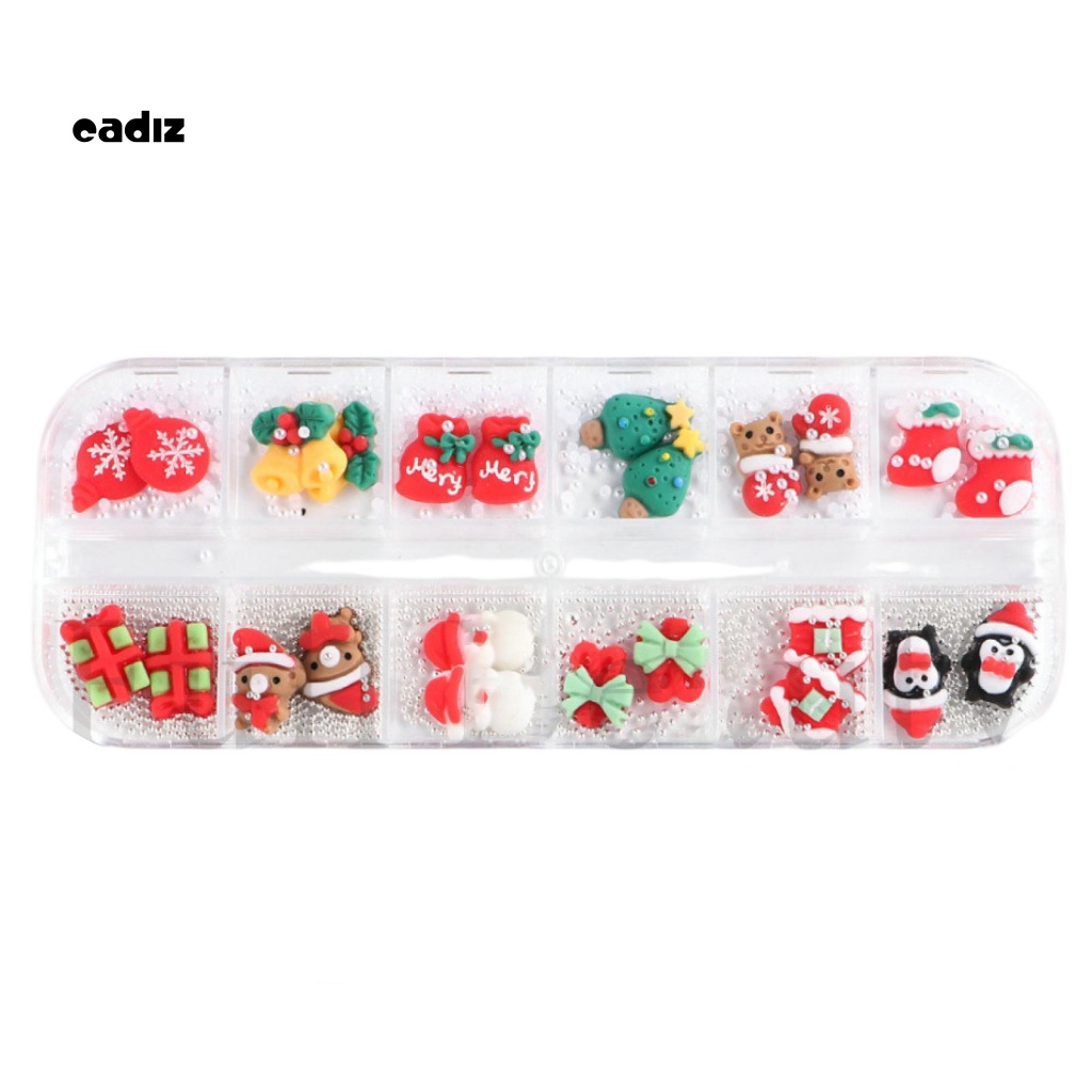 1 Hộp 12 Ngăn Đựng Phụ Kiện Trang Trí Móng Tay Hoạt Hình Giáng Sinh Lâu Trôi Không Gây Kích Ứng