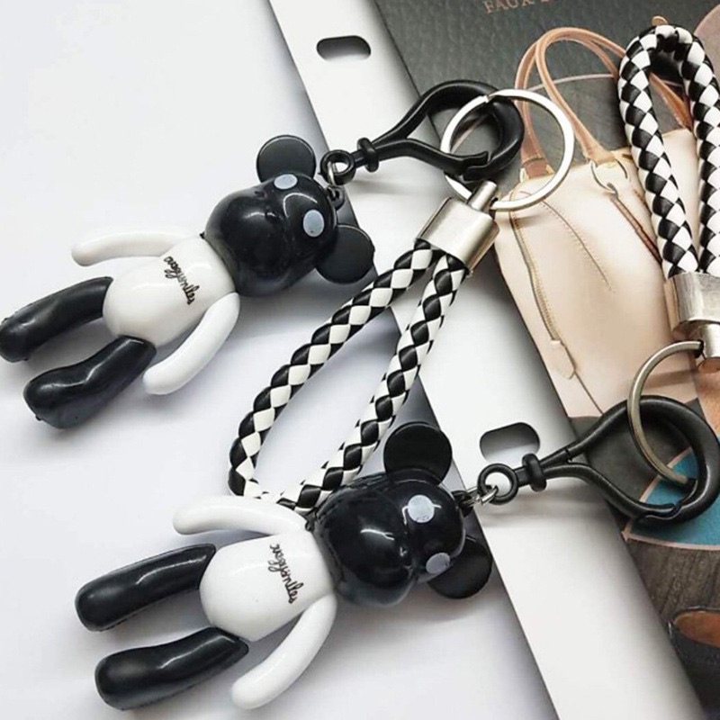 Móc khóa gấu Popobe Trắng đen (Kèm dây da) phụ kiện xinh cho túi xách balo