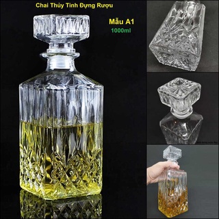 Chai Đựng Rượu 1 Lít mẫu vuông hoa văn mắt dứa chân - Chai Thủy Tinh 1000ML - Bình Đựng Rượu Độc Lạ (A1)