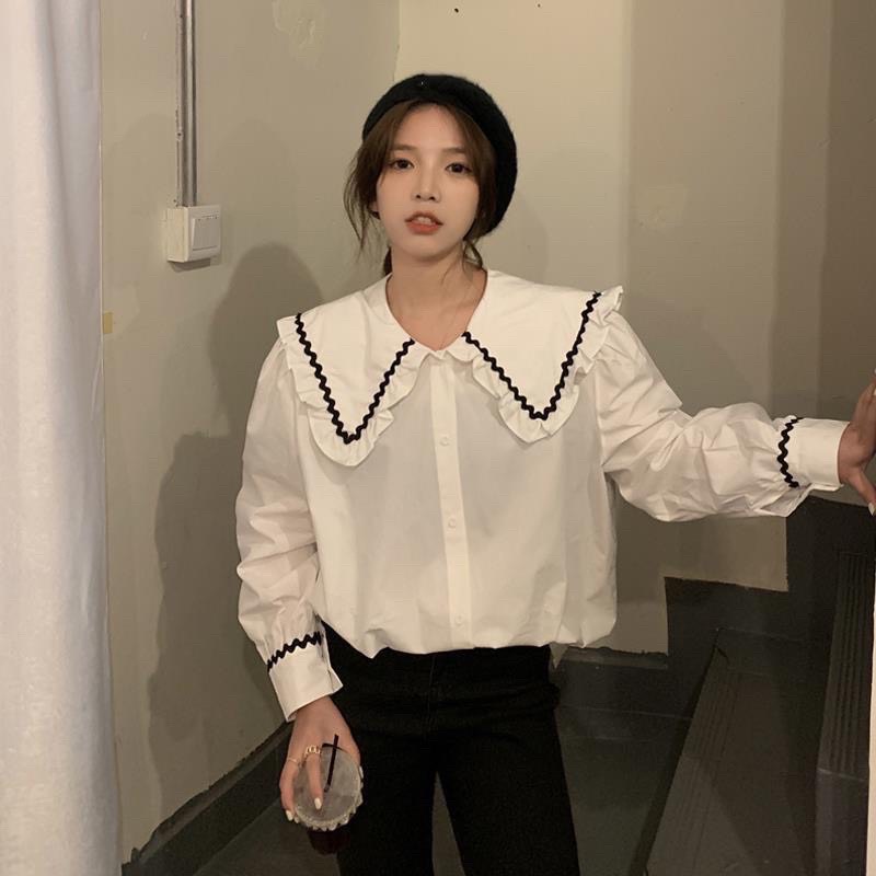 Áo sơ mi cổ bèo viền ren tay bồng- sơ mi nữ dài tay from rộng về 2 màu trắng caro phong cách ulzzang hàn quốc