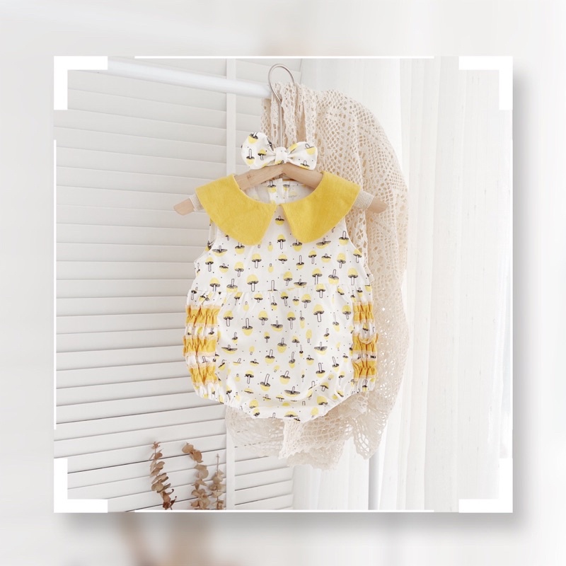 ( Tặng kèm tuban) Body hè hoạ tiết nấm cổ sen cho bé gái- Bộ liền thân Vải thô boi mềm, mát , thấm mồ hôi