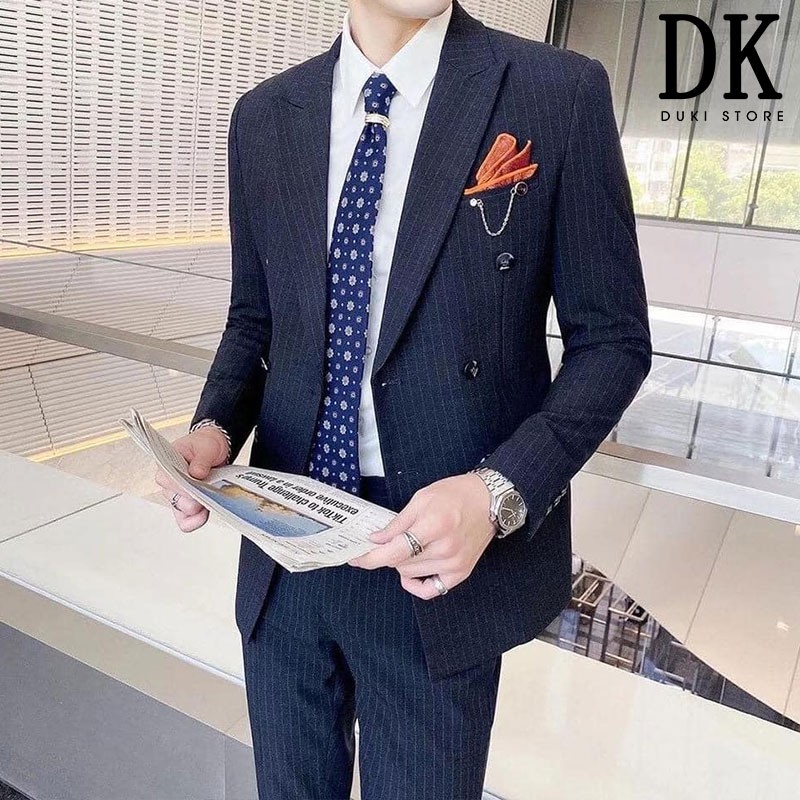 Bộ vest nam 6 cúc Hàn Quốc kẻ sọc xanh đen đẹp - DUKI STORE