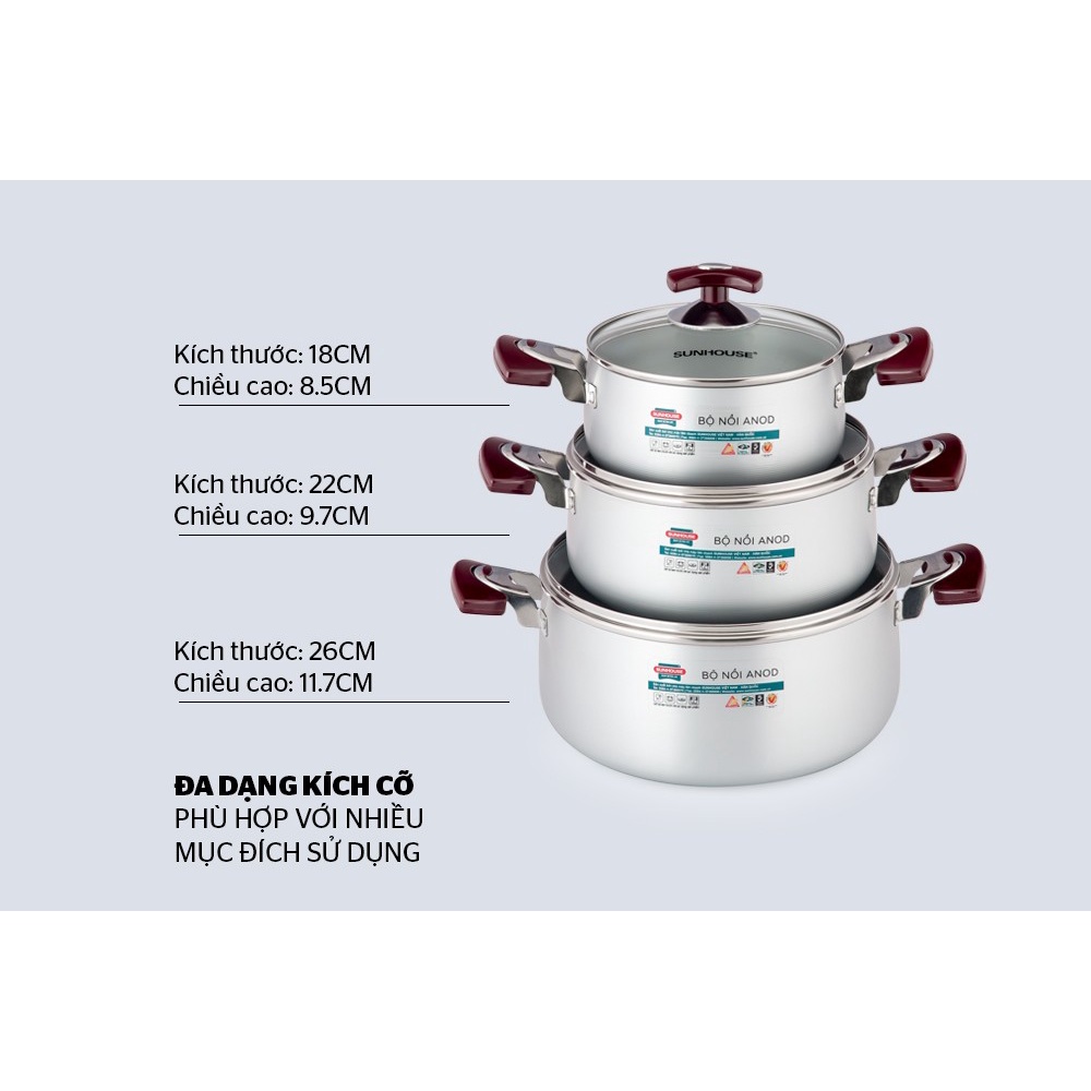 Bộ nồi anod 3 món SUNHOUSE SH8833EB - Hàng chính hãng