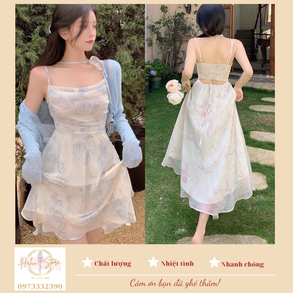 Đầm Hai Dây Hoa Cổ Đổ/ Áo Cardigan Mỏng HT37 HaLuu Store Phong Cách Hàn Quốc Phù Hợp Cho Nữ