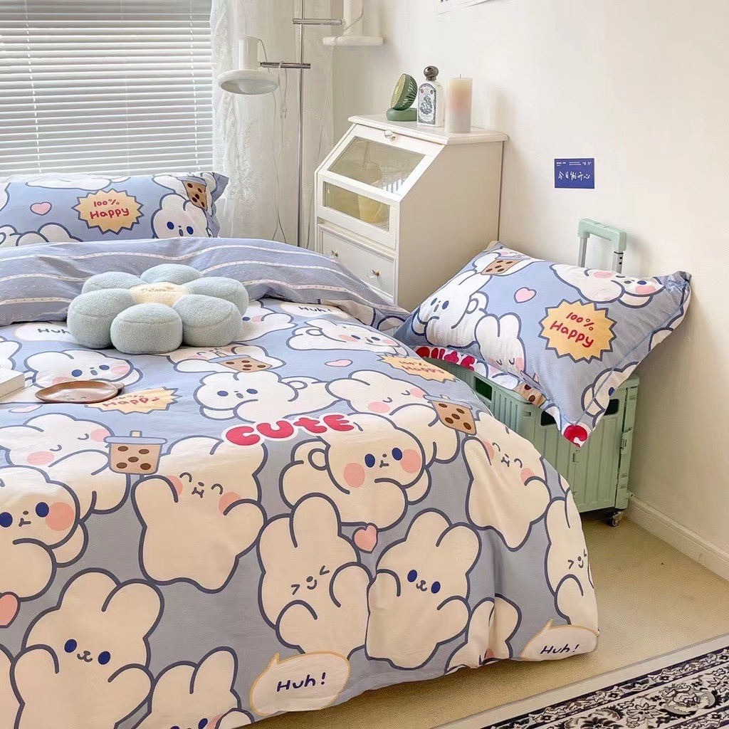 Bộ Chăn Ga Gối Cotton Living - 100% Cotton  , Bộ Ga Giường - Vỏ Chăn - 2 Vỏ Gối Nằm Họa Tiết Thỏ Ngọc Cho Các Bé