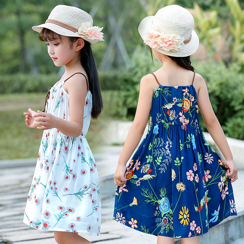 Summer new girl's print dress little girl's foreign style suspender skirt Korean children's skirt