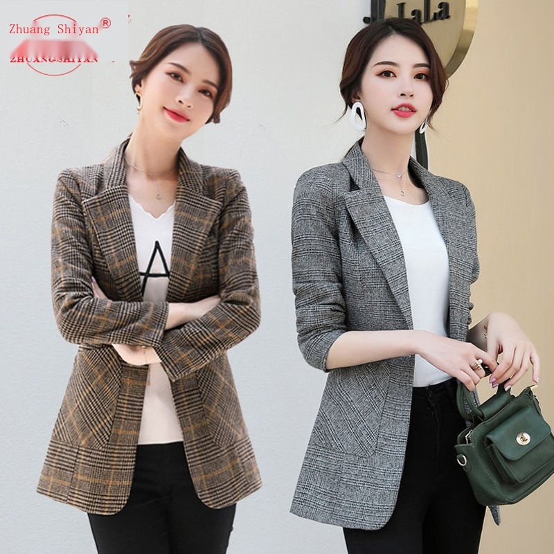 Áo Khoác Len Dáng Ngắn Họa Tiết Sọc Caro Phong Cách Hàn Quốc Thời Trang Xuân Thu Mới Cho Nữ