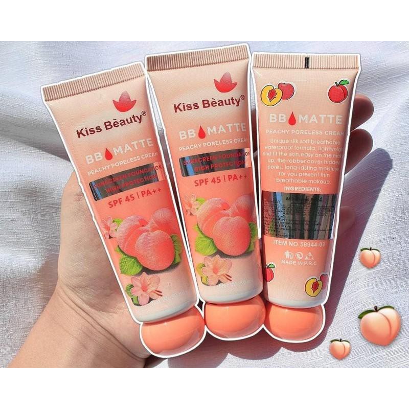 Kem lót nền BB Matte Kiss Beauty đào 50ml, Kem nền Kiss Beauty 2 in 1 che khuyết điểm và kiềm dầu