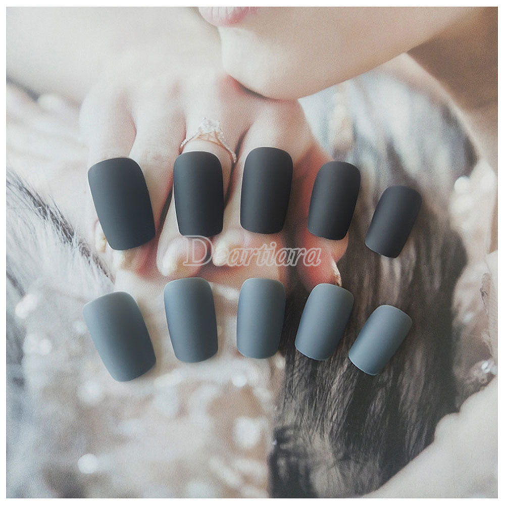 24Pcs Deep Double Gray Grind Jump Long Jump Color Square Head Ins Wind Solid Color Frosted Fake Nails Finished Wear Nail Patch
