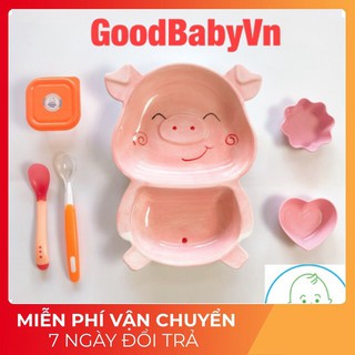 Bộ khay đĩa sứ ăn dặm hình heo kute 2 ngăn cho bé