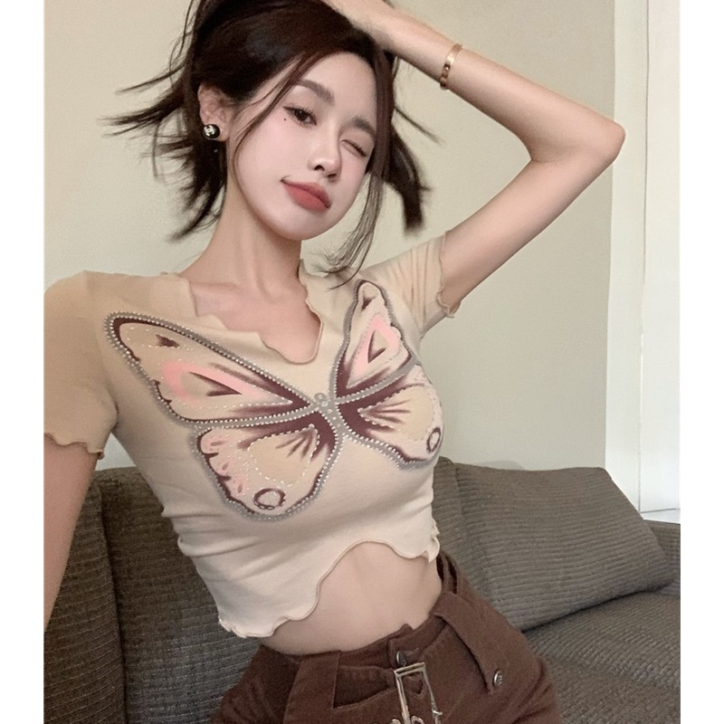 Áo Croptop Tay Ngắn Cổ Chữ v In Họa Tiết Thời Trang Quyến Rũ Cho Nữ