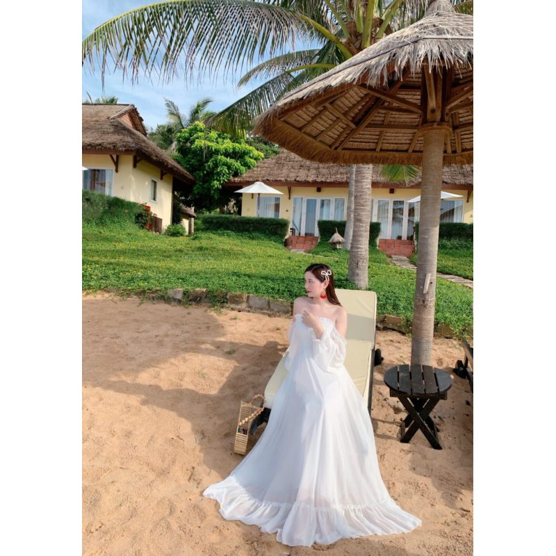 Đầm Maxi trắng trễ vai nhún eo