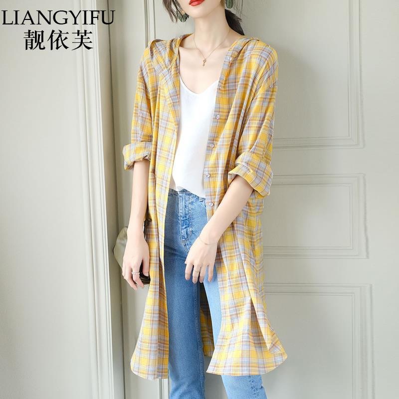 Áo Sơ Mi Có Mũ Vải cotton Họa Tiết Caro Chống Nắng Phong Cách Phương Tây Cỡ Lớn Thời Trang Mới Cho Nữ