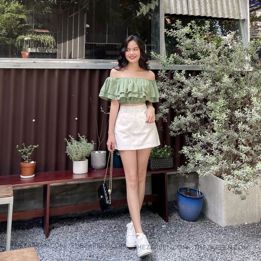 ÁO CROPTOP TRỄ VAI 2 TẦNG ZAREEN VOA78 XANH LÁ