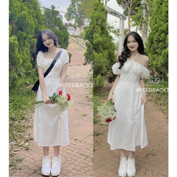 Váy trắng cutout dáng dài Tia19. Đầm trắng tiểu thư cổ yếm trễ vai