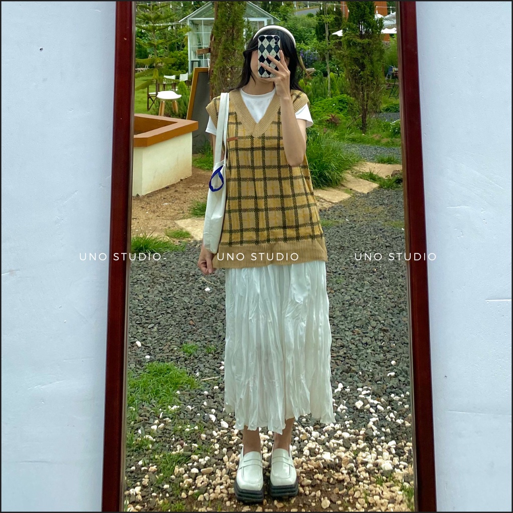 Áo gile len xanh kẻ sọc kèm hình thật