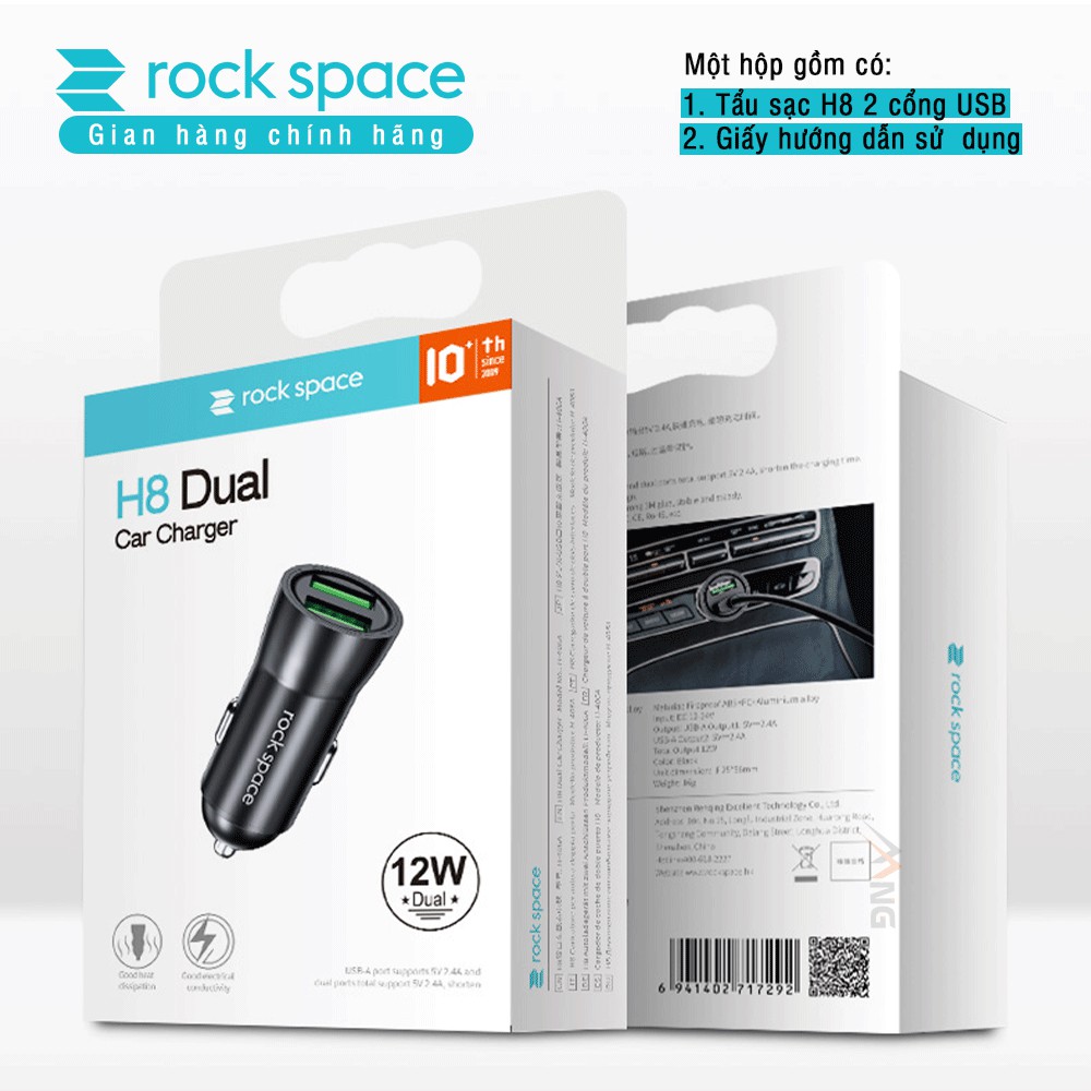 Tẩu sạc ô tô, xe hơi 2 cổng Rockspace H8 sạc nhanh, an toàn, không nóng, chống cháy, chính hãng, bảo hành 1 năm 1 đổi 1