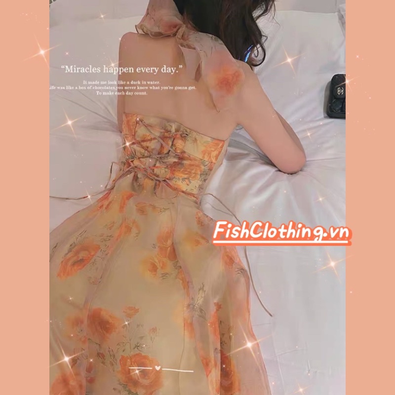 SẴN🎀Đầm maxi voan công chúa cổ yếm cam xoè dài hở lưng hoa nhí đan dây tiểu thư vintage retro kiểu Pháp Váy đi biển