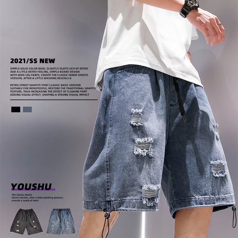 Quần Short jeans Rách Phong Cách hip hop Cho Nam size M-3XL