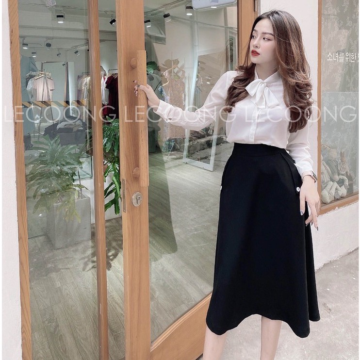 Chân váy A dài đính cúc tuyết mưa Hàn đen_LeCoong CV11 | BigBuy360 - bigbuy360.vn