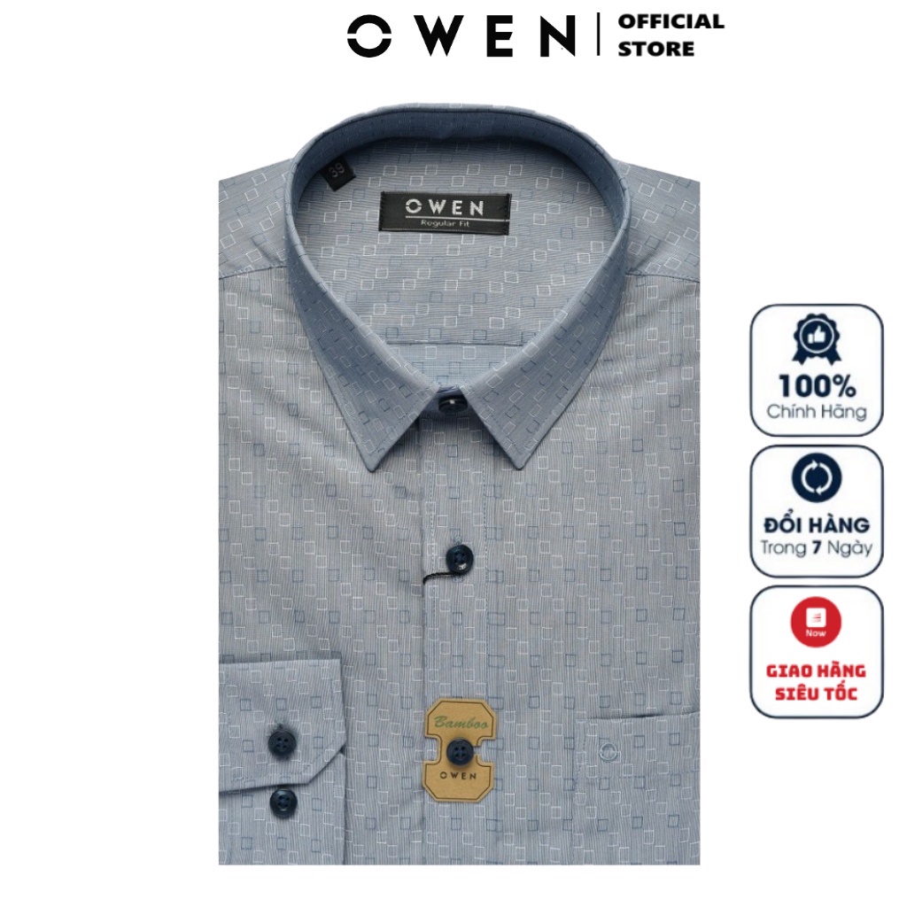 Áo Sơ Mi Nam Dài Tay Owen AR23376D Somi Công Sở Cao Cấp Màu Xanh Họa Tiết Ô Vuông Trắng Dáng Suông Có Túi Chất Sợi Tre