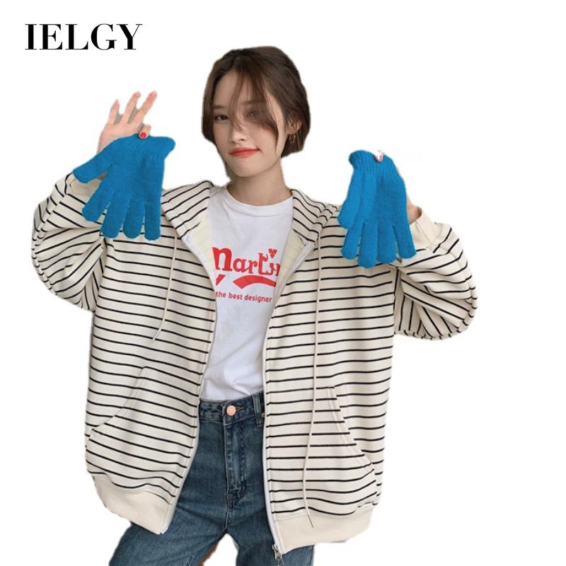 Áo khoác IELGY dáng rộng có mũ trùm và khóa kéo họa tiết sọc ngang thời trang cho nữ