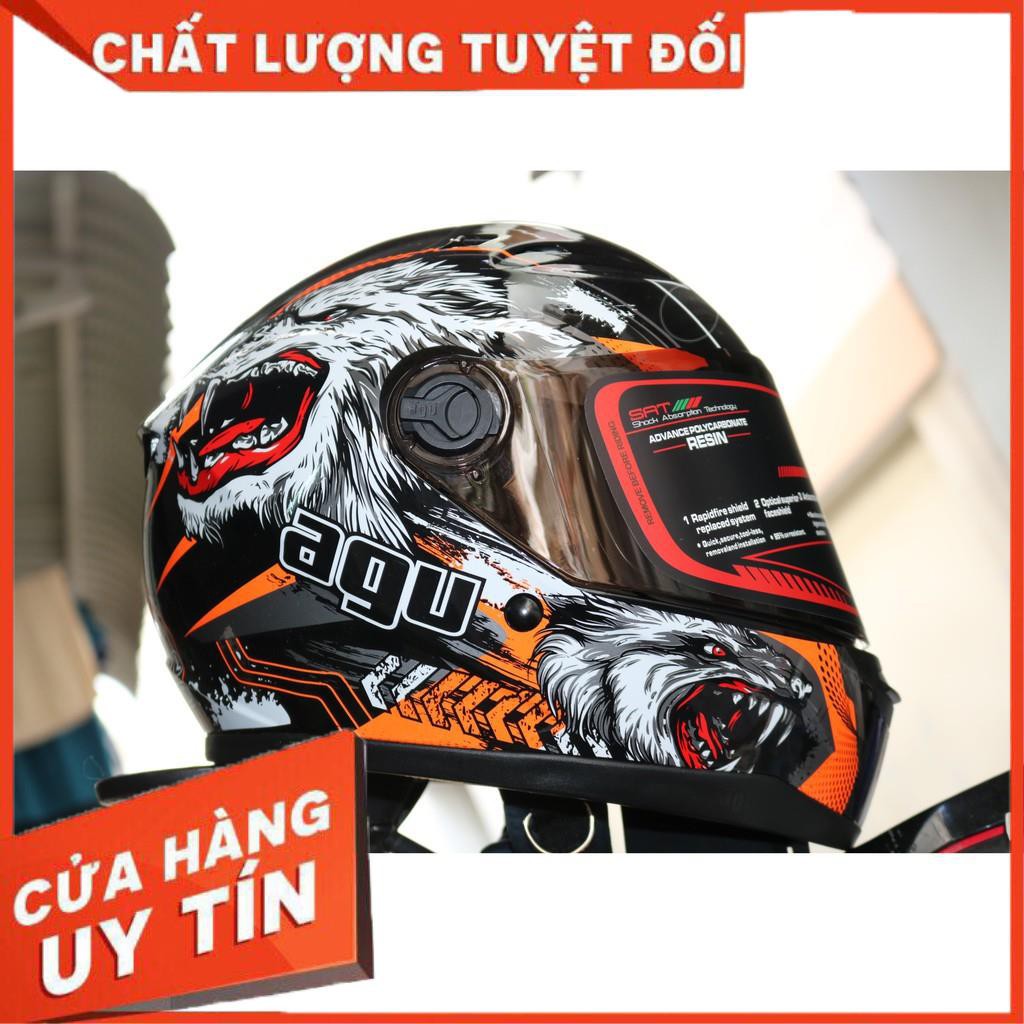 Combo Mũ Fullface Agu Tem Sói + Đuôi Gió AGV + Sừng Rùa | Nhựa ABS Dẻo Độ Bền Cao,Kính Chông RiBô