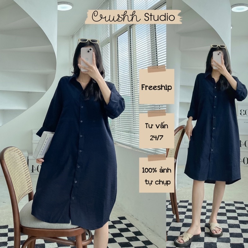 [HÀNG THIẾT KẾ - CRUSHH STUDIO ] D12 - Đầm sơ mi xanh đen linen gân