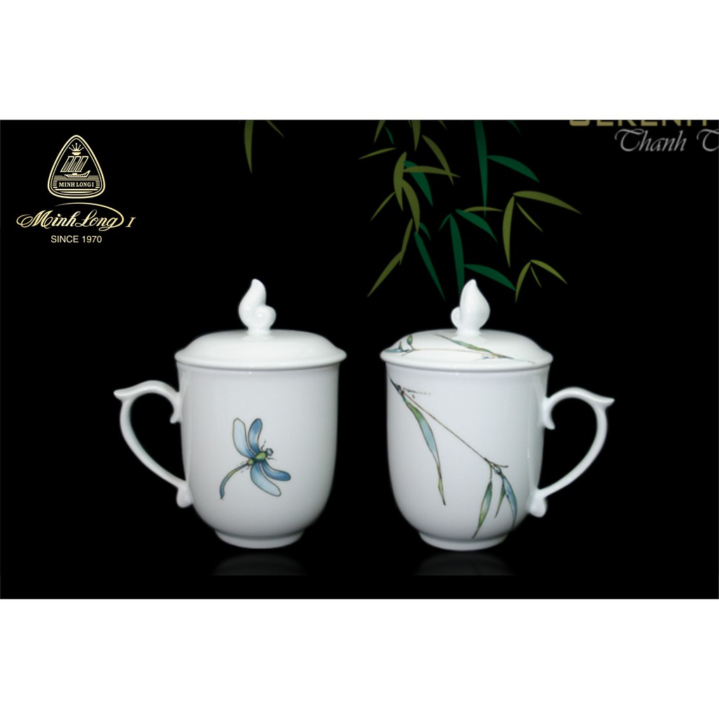 Ly/Cốc uống nước văn phòng - Ca trà sứ 0.3L Mẫu đơn thanh trúc, Minh Long
