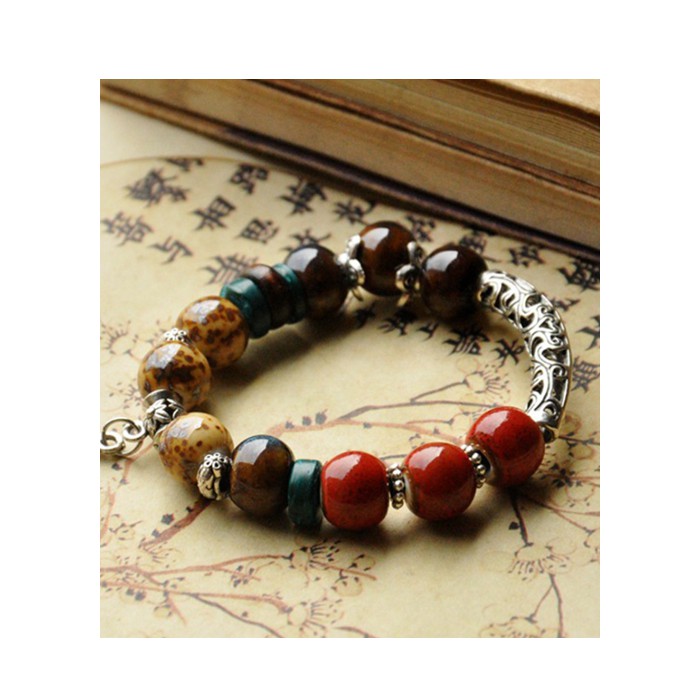 Vòng tay gốm charm hoa 5 cánh Vintage xuất Nhật VGOM18