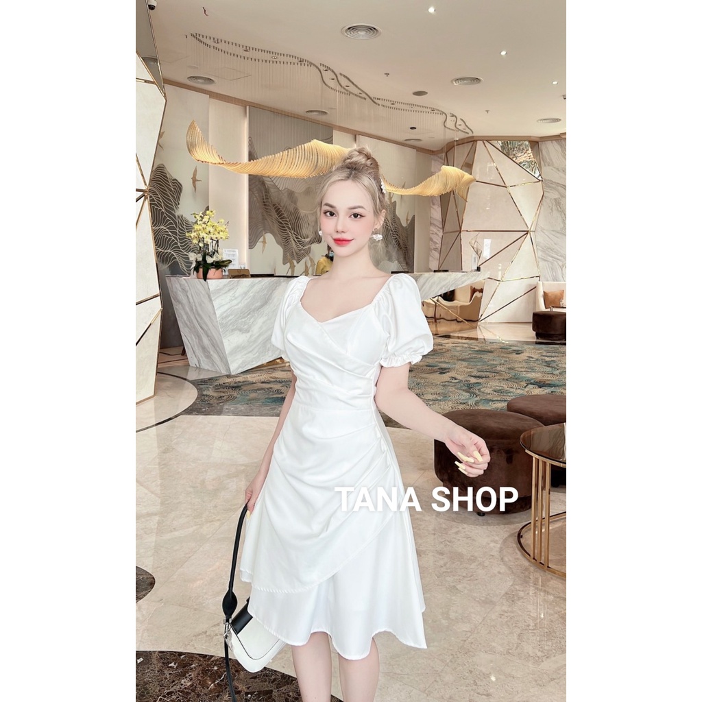 Đầm dự tiệc TANA Đầm trắng đắp chéo cổ tim xếp ly eo form dáng trẻ trung, xếp ly điệu đà phù hợp mặc đi tiệc D0460
